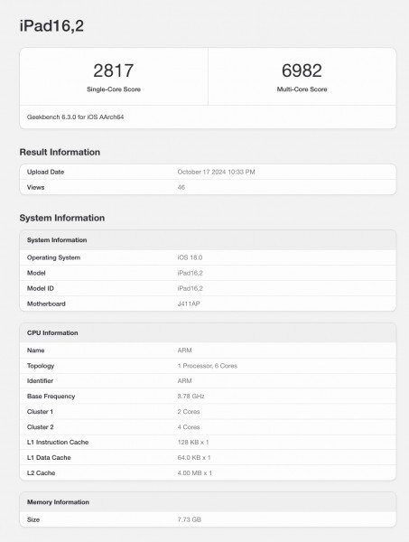 Geekbench 跑分数据证实 iPad mini 7 搭载 8GB RAM
