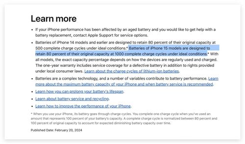 iOS 17.4 Beta 4 改善电池资讯显示方式，并提高 iPhone 15 系列的充电循环次数