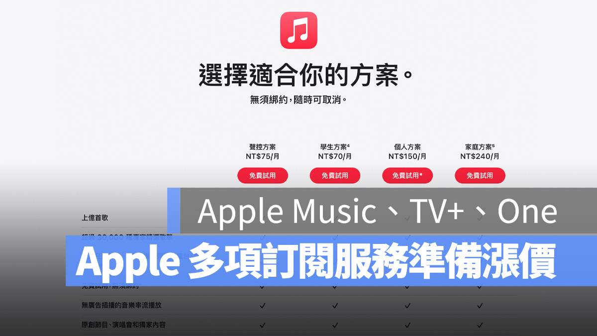 Apple Music、Apple TV+ 与 Apple One 订阅费用即将调涨